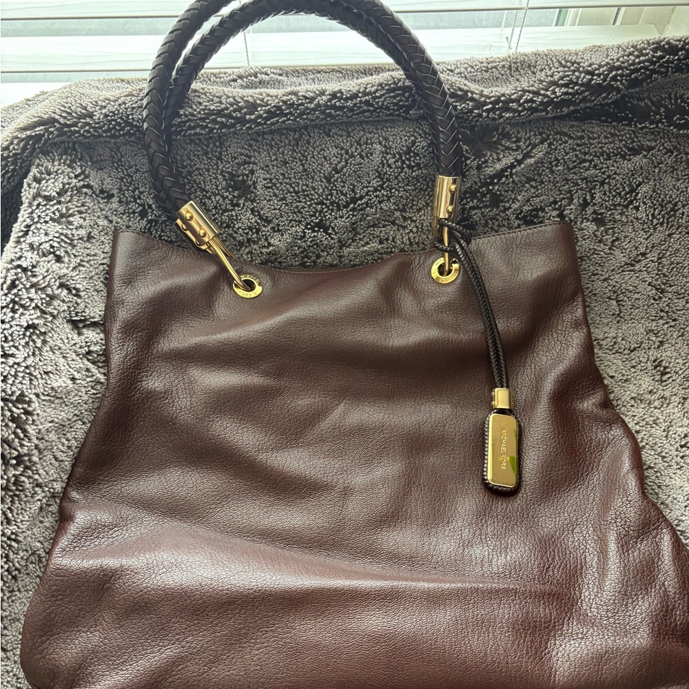 Michael Kors Dark Brown Braided-Handle Leather Tote with Gold Hardware